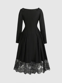 SHEIN 青少年女孩春秋冬款休閒優雅時尚新款黑色肩部蝴蝶結裝飾對比蕾絲長袖長洋裝，日常穿著，外出/內搭洋裝 - 黑色 - 查看 4