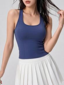 DAZY Solid Color Racerback Fitted Sports Tank Top Fall - Blue - View 4