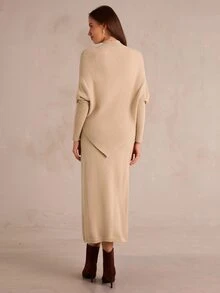 Enchnt Setelan 2 Potong Sweater Kerah Tegak Elegan Musim Gugur/Musim Dingin & Rok Rajut - Aprikot - View 7