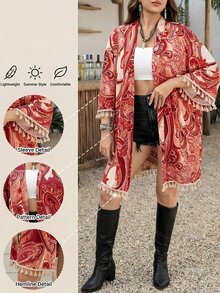 SHEIN LUNE 大尺碼女款花卉印花休閒日常開襟衫 - 紅色 - 查看 10