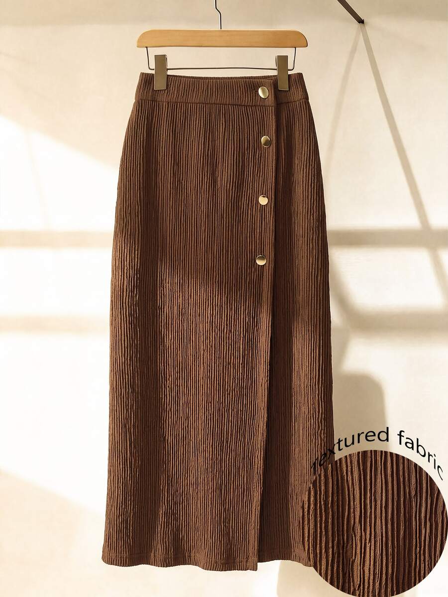 SHEIN Clasi CURVE Plus Size Elegant Textured Fabric Metal Buckle Straight One-Piece Skirt - Brown - View 1