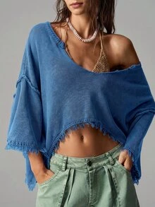 Bohemela 女款性感辣妹刷毛不對稱單肩毛衣 - 寶藍色 - 查看 1