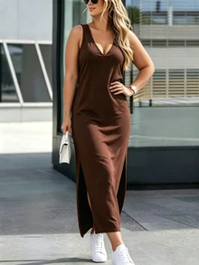 Silhoulove Plus Size Women Solid Color Casual Daily Summer Dress - Coffee Brown - View 4