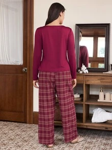 Doze Lane Women's Casual Square Neck Solid Color Long Sleeve Top + Plaid Pants Plus Size Pajama Set - Burgundy - View 2