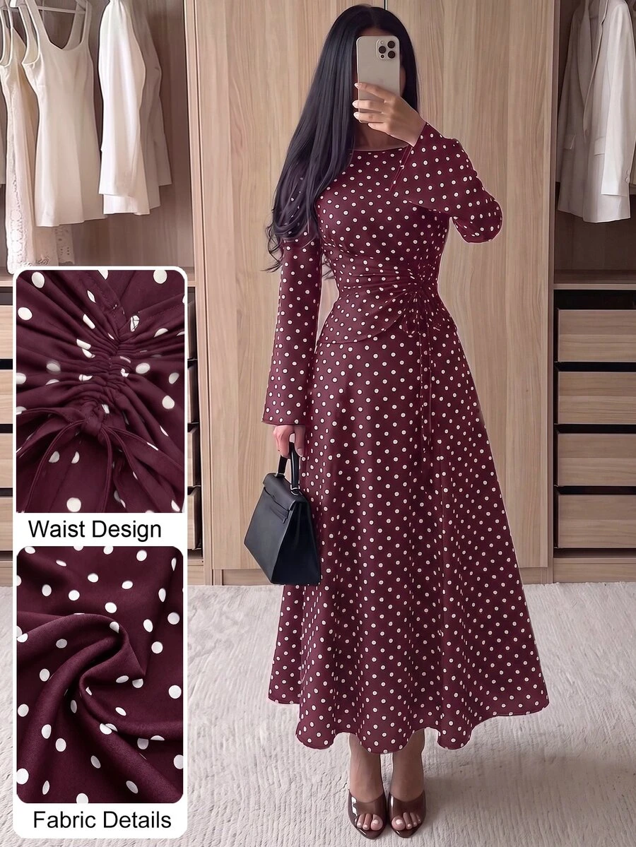 Modelyn Spring/Autumn French Style Commuter Elegant Polka Dot Cinched Cinched Waist Pleated Drawstring Flare Sleeve Long Dress For Women - Burgundy - View 1