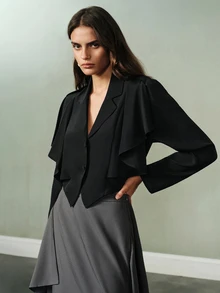 Aveloria Modichic Blazer Pendek 2-in-1 Kerah Hitam, Jaket Jas Kecil Lengan Panjang dengan Desain Syal untuk Makan Malam, Acara Malam, Musim Gugur, Gaya Prancis Elegan - Hitam - View 1