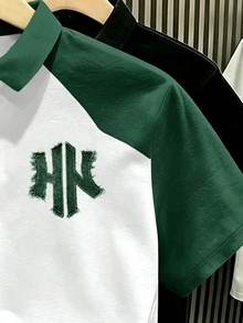 Manfinity Hypemode 男士美式復古做舊牛仔效果對比色 NY 字母印花 Polo 衫，成熟休閒上衣，適合日常通勤與夏季休閒穿著，正式老錢風 - 彩色 - 查看 4