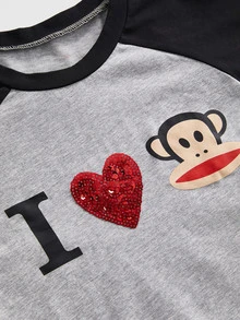 Paul Frank X ROMWE 亞文化女孩休閒聯名 I Love 印花落肩袖女款修身 T 恤 - 灰色 - 查看 4