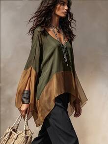 SHEIN New Women's Colorblock Patchwork Versatile Slimming Blouse Shirt - Dark Green - View 3