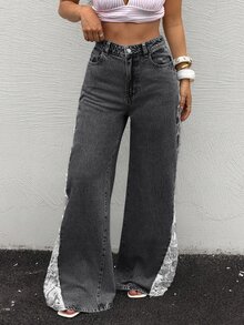 Rivivi 大尺碼女款蕾絲拼接口袋鈕扣休閒日常牛仔褲 - 深灰色 - 查看 5