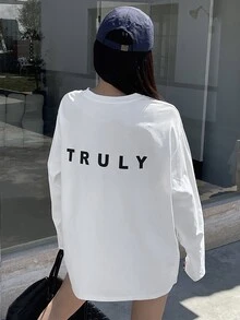 DAZY 女款字母印花休閒百搭長袖T恤，適合日常穿著，秋季寬鬆大尺寸女款T恤 - 白色 - 查看 5