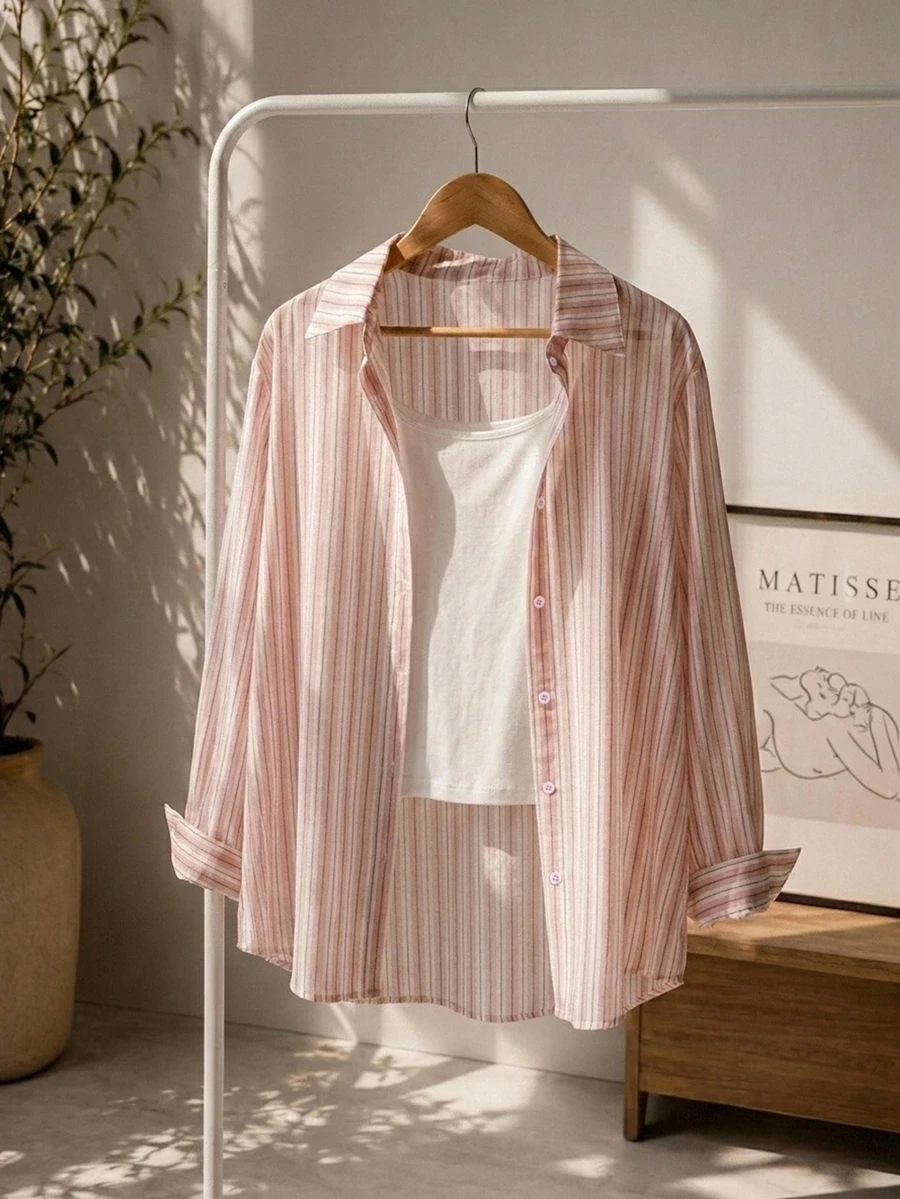 DAZY Women's Striped Long Sleeve Single-Breasted Casual Shirt - Pink - View 1