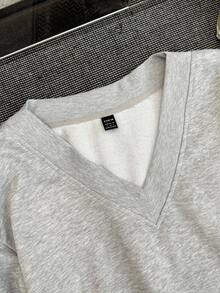 SHEIN EZwear 女款V領寬鬆大尺寸休閒極簡馬匹圖案衛衣，適合秋冬穿著 - 灰色 - 查看 5