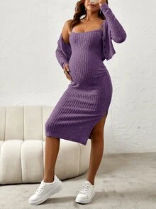 SHEIN 孕婦純色開衩設計細肩帶洋裝與長袖開襟衫休閒兩件套 - 紫色 - 查看 6