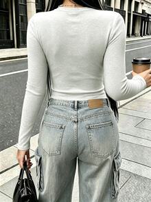 Rovax 女款淺灰色長袖圓領T恤，純色修身底層上衣，適合日常穿著 - 灰色 - 查看 2