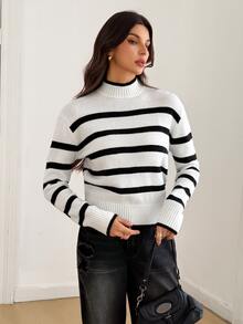 SHEIN Tall Women's Black And White Striped Turtleneck Long Sleeve Casual Sweater - Black and White - View 4