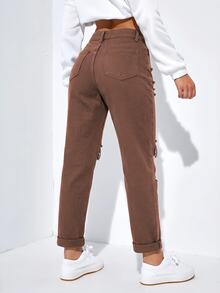 SHEIN EZwear 女款休閒日常牛仔褲，附口袋、鈕扣與磨損設計 - 咖啡棕 - 查看 2