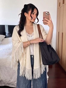 SHEIN Elenzya Jubah Syal Rajut Rumbai Putih Depan Terbuka untuk Wanita, Kardigan untuk Liburan Musim Gugur Gaya Boho - Aprikot - View 8