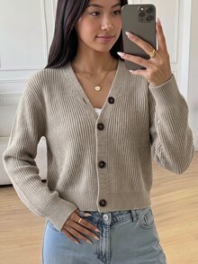 SHEIN 青少年女孩秋冬休閒百搭卡其色鈕扣裝飾針織開襟外套，休閒街頭風，返校穿搭 - 卡其色 - 查看 1