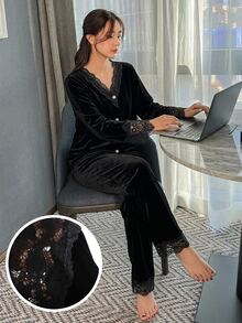 DAZY 女款對比色蕾絲長袖單排扣上衣與長褲居家服套裝 - 黑色 - 查看 7