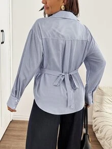 SHEIN Maternity Versatile Striped Single-Breasted Long Sleeve Shirt Fall - Navy Blue - View 8