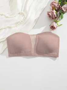 SHEIN 1件裝黑色無肩帶抹胸內衣，網格拼接設計，女款 - 藕粉色 - 查看 2