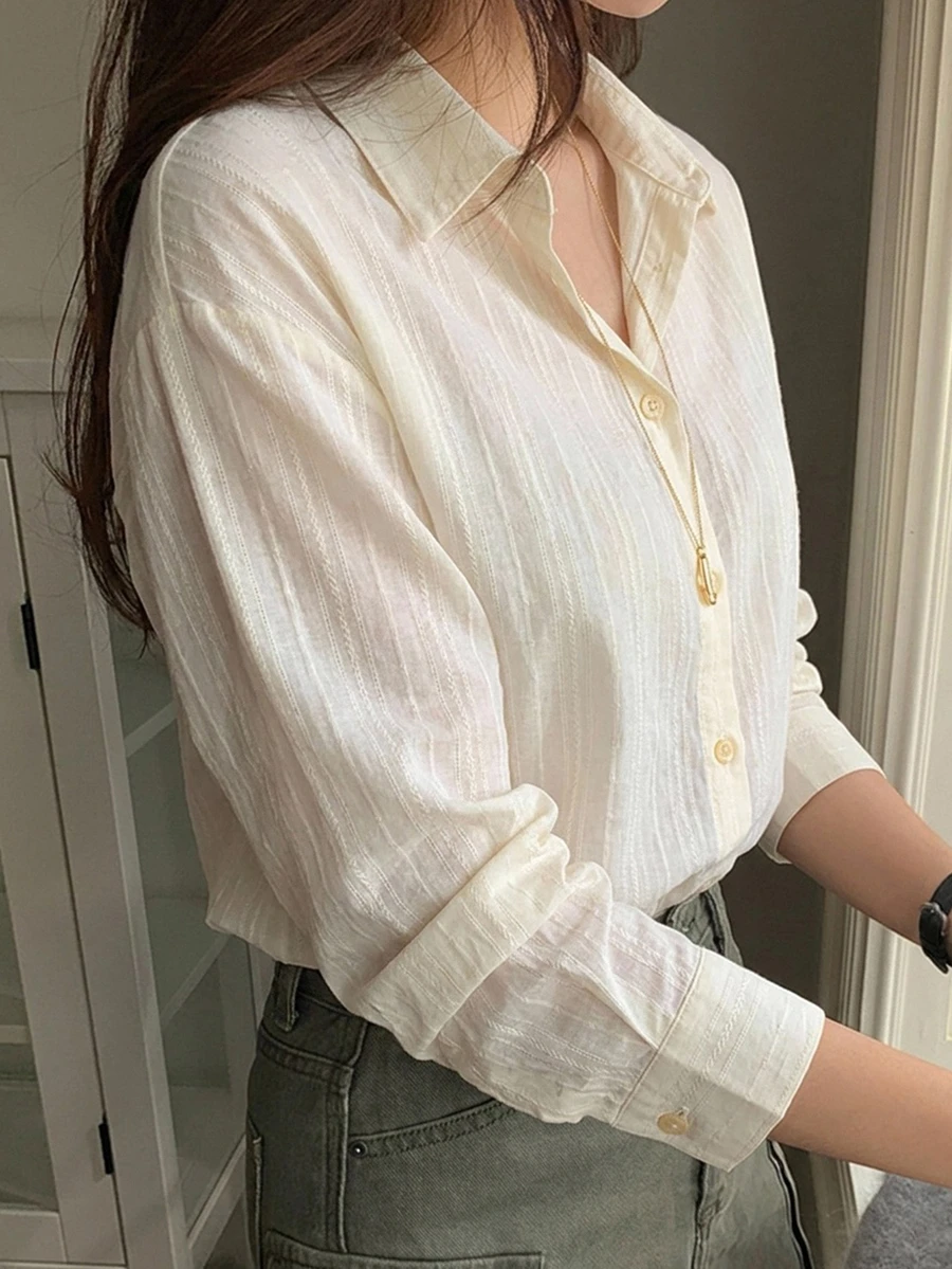 DAZY 女款緹花薄款長袖休閒襯衫,春季 - 黃色 - 查看 1