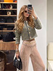 Struktiv Women's Plaid Tweed Round Neck Pearl Button Short Jacket, Elegant Office Wear For Spring And Autumn - Multicolor - View 5