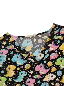 PopScrub V-Neck Short Sleeve Double Pocket Cartoon Print, Pattern Design Print Nurse/Doctor Work Uniform Top/Health Check-Up Scrub Uniform, Cute Little Dinosaur, Starry Sky, Full Star Cartoon Print Pattern Design Print Nurse, Laboratory, Doctor Work Uniform, Multi-Pocket Functional Women's Top - Black - View 3