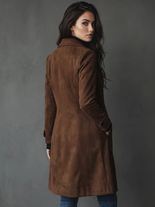 LUMIGAL Women French Style Coffee Brown Long Sleeve Coat, Elegant Faux Suede Pocket Winter Outerwear For Christmas Halloween New Year Party And Commute - Coffee Brown - View 2