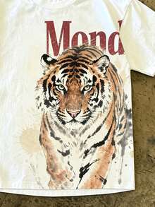 IslaSuriya Plus Size Men's Letter & Tiger Print Short Sleeve Casual T-Shirt - Multicolor - View 3