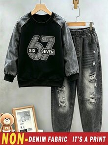 2件組青少年男孩非丹寧水洗丹寧效果插肩袖 67 生邊拼接數字字母印花運動衫 + 慢跑長褲套裝，圓領長袖套頭上衣，鬆緊腰破損收口長褲，加厚秋冬款，街頭休閒大童兩件套 - 彩色 - 查看 3