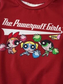 THE POWERPUFF GIRLS X SHEIN Baby Girl Cartoon Print T-Shirt And Shorts Set - Burgundy - View 4