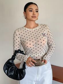 Betty Boop x DAZY Curve Plus Size Women Letter Print Polka Dot Fitted Versatile Base Layer Skin-Like T-Shirt, Spring/Autumn New Style - Beige - View 6
