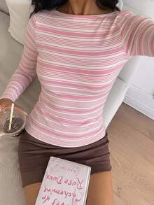 CovetEZ 休閒極簡風粉色不對稱條紋 95% 棉全印花女款圓領長袖 T 恤，適合初秋，百搭疊穿 - 彩色 - 查看 3