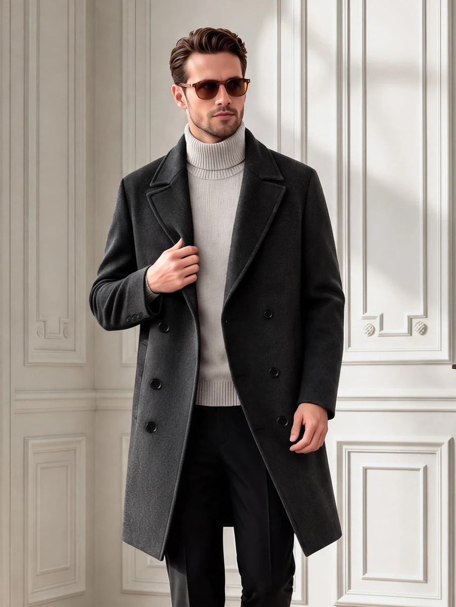 Core Aspect Abrigo de manga larga de unicolor con botones delanteros (con bolsillos) para hombre, adecuado para estilo de otoño/invierno y ocasiones formales de invierno - Gris Oscuro - Ver 1