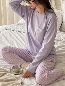 DAZY 女款寬鬆休閒短袖兩件式居家服套裝 - 紫色 - 查看 4