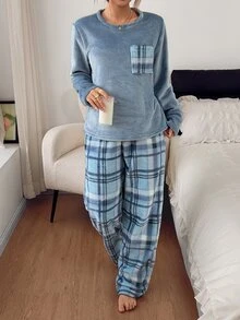 Napfluff Plaid Flannel Long Sleeve Pants Soft Plush Comfortable Pajama Set - Blue - View 7