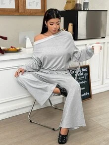 Muchica Plus Size Asymmetrical Shoulder Sweatshirt And Drawstring Waist Flared Pants 2 Pieces Set Fall - Light Grey - View 1