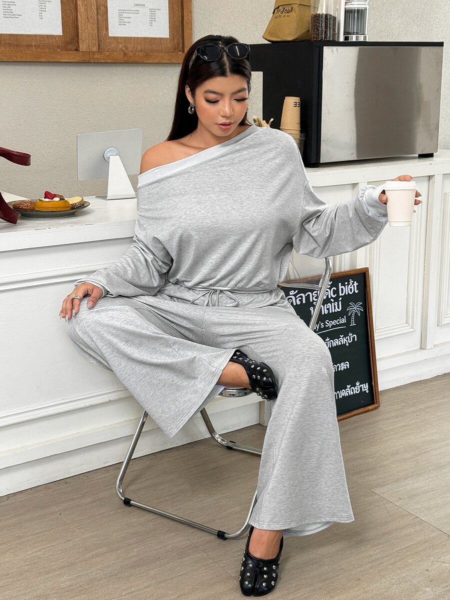 Muchica Plus Size Asymmetrical Shoulder Sweatshirt And Drawstring Waist Flared Pants 2 Pieces Set Fall - Light Grey - View 1
