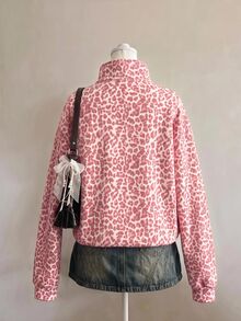 SHEIN EZwear 經典豹紋半拉鍊女款運動衫，休閒街頭風，適合秋冬多種場合，Y2K復古風，返校季上衣 - 彩色 - 查看 2