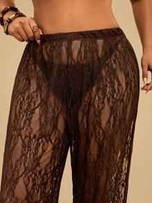 Travachic Plus Size Women's Lace Sheer Solid Color Beach Cover - Coffee Brown - View 5