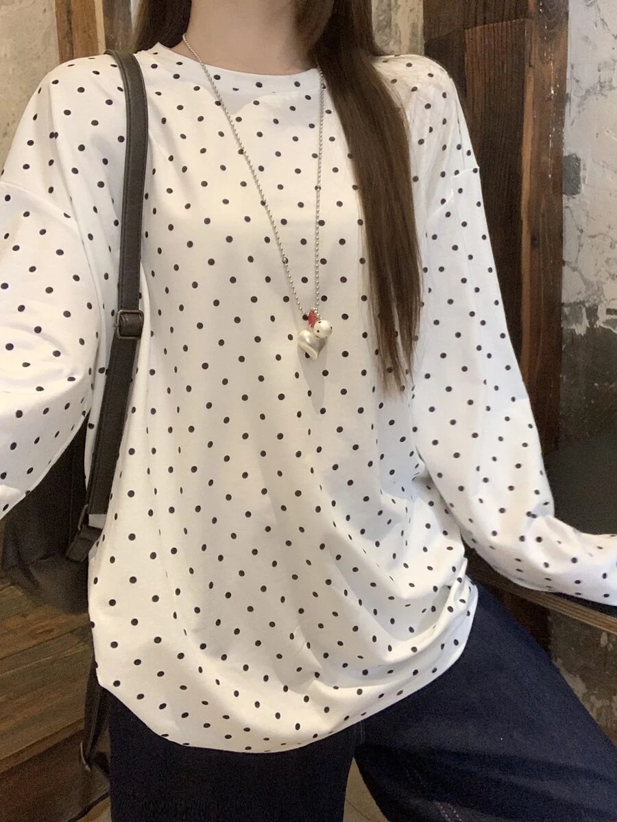 DAZY 拼接休閒直筒圖案印花青少年女款T恤上衣 秋季 - 白色 - 查看 1