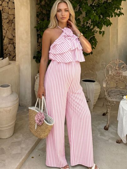 SHEIN Baju Terusan Panjang Motif Garis-Garis dan Bunga untuk Ibu Hamil