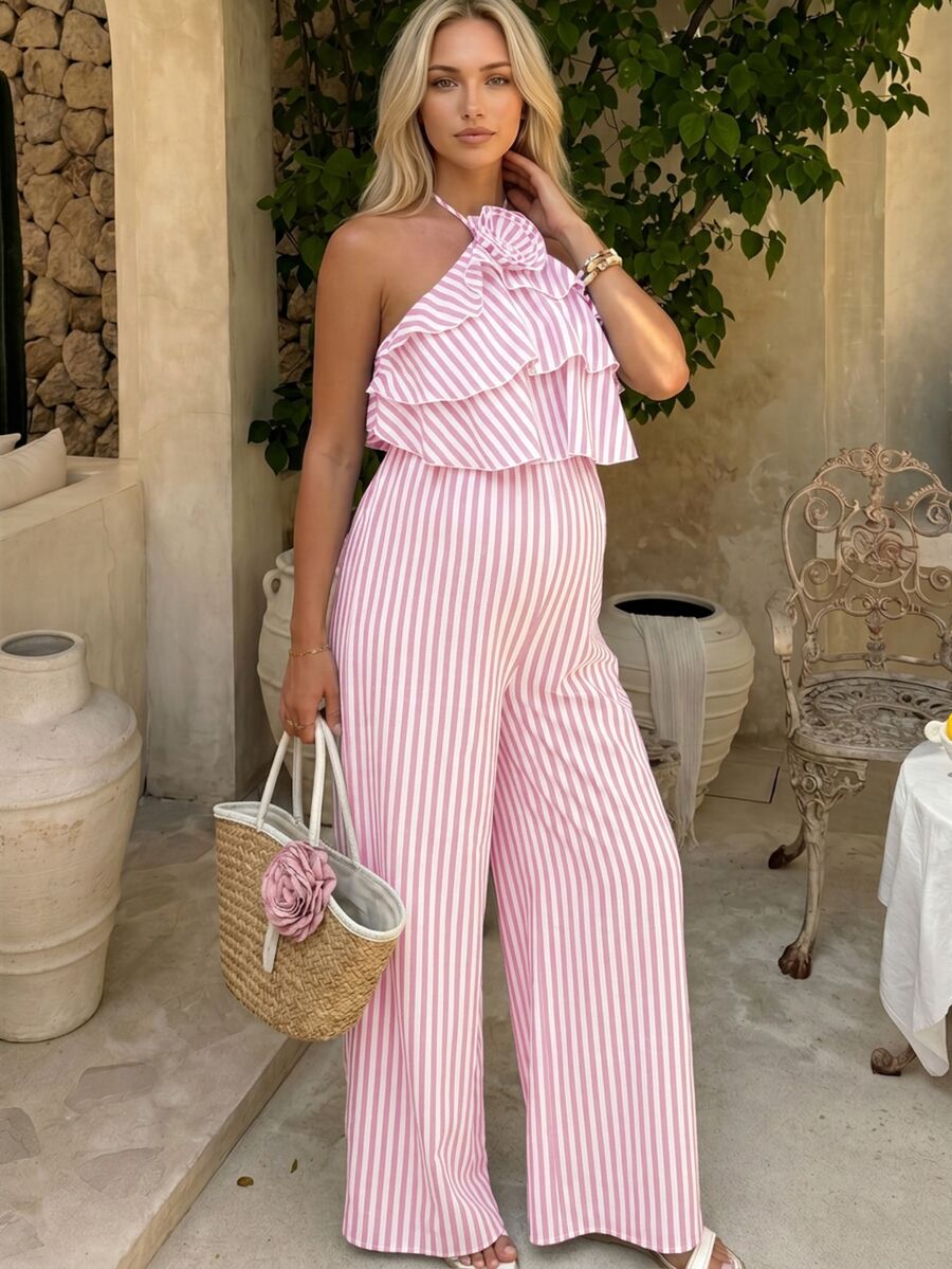 SHEIN Maternity Striped Floral Decor One-Piece Long Pants - Pink - View 1