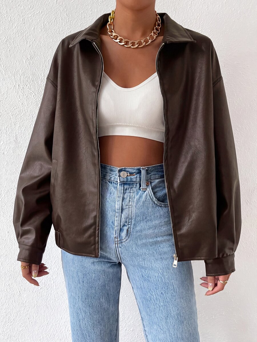 SHEIN EZwear Drop Shoulder Zip Up PU Cropped Leather Jacket In Fall/Winter - Coffee Brown - View 1