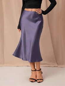 SHEIN PETITE 黑色高腰純色緞面質感裙，適合舞蹈與日常穿著 - 灰色 - 查看 3