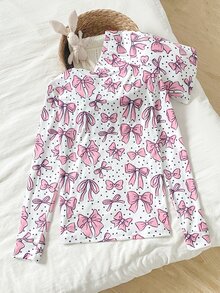青少年女孩優雅粉色蝴蝶結圖案休閒舒適長袖褲 2 件套修身居家服 - 粉色 - 查看 2