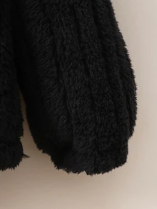 SHEIN 女童秋冬休閒卡其色豹紋毛絨拉鍊連帽開襟外套，緹花細節設計 - 黑色 - 查看 6