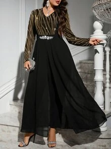Reflora Mono de moda diario para mujer talla grande con cuello en V y decoración de strass - Negro - Ver 3